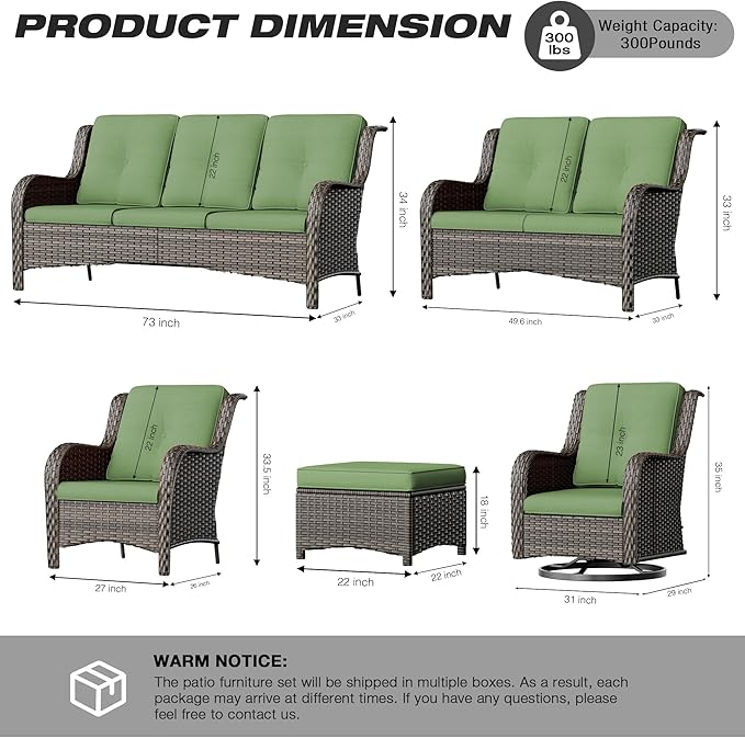 Joyside 5 Piece Outdoor Patio Furniture Set Wicker Conversation Bistro Set Swivel Rocking Chairs with Side Table and Ottomans for Backyard, Porch, Deck(Mixed Grey/Green)