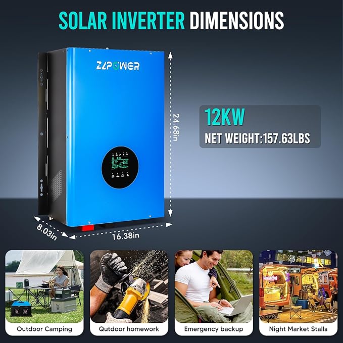 ZLPOWER 12000W 48V Off-Grid Inverter Charger, Peak Power 36000W for 20s, 240V AC Input, 120/240V Split Phase Output, Pure Sine Wave, UL1741 Certified, Built-in 2 MPPT Low Frequency for Solar System