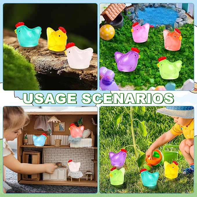 120pcs Luminous Mini Chicken Figurines 8 Colors Glow in The Dark Tiny Small Little Resin Chicken to Hide Miniature Resin Animals for Fairy Garden Party Potted DIY Dollhouse Micro Landscape Home Decor