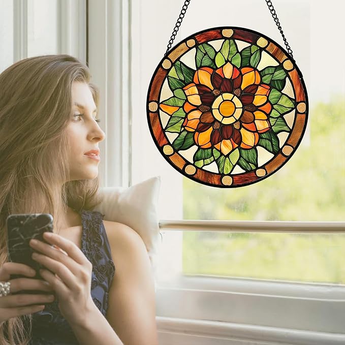 Stained Glass Window Hanging - Yellow Green Boho Style Flowers Sun Catcher for Door Garden Home Decor Suncatcher Christmas Mother's Day Birthday Gifts for Women Mom Girl Nana Friend 15 in