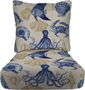RSH DECOR Deep Seating Cushion with Pillow Back | 23.5” x 25” Seat | Water and Fade-Resistant Spun Fabric | Outdoor Chair Cushion Set for Patio Furniture | Blue Tan Crab