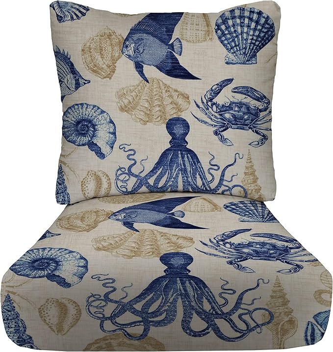 RSH DECOR Deep Seating Cushion with Pillow Back | 24” x 23” Seat | Water and Fade-Resistant Spun Fabric | Outdoor Chair Cushion Set for Patio Furniture | Blue Tan Crab