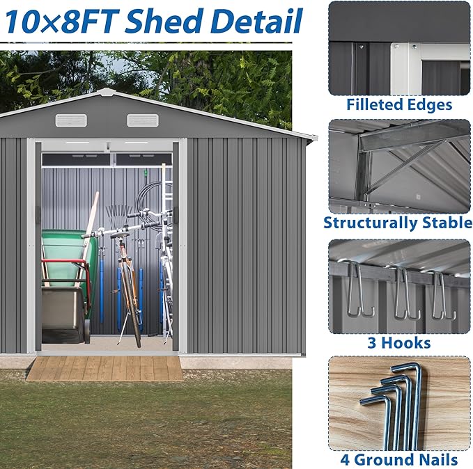 10X8 FT Outdoor Storage Shed, Lockable Doors, Tool Shed for Garden, Patio, Backyard, Lawn, Grey