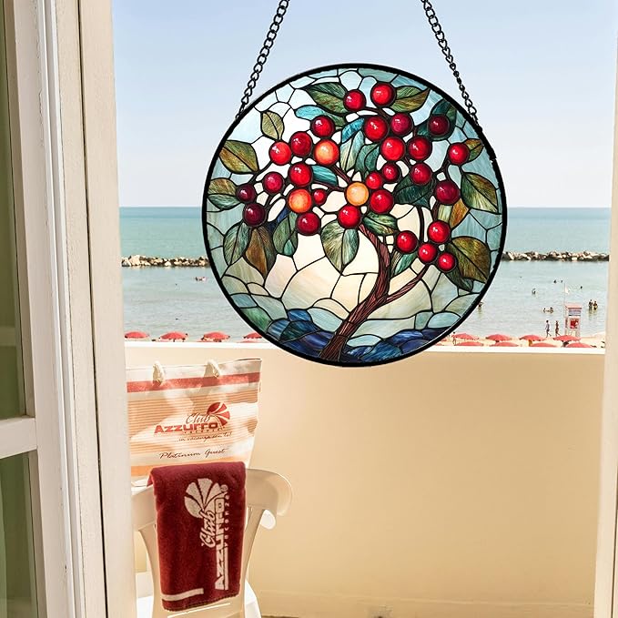 CRIS GIF Stained Glass Window Hanging - Red Fruit Tree Landscape Suncatcher for Doors Garden Patio Sun Catchers Decor Christmas Mother's Day Birthday Gifts for Women Men Mom Nana Friend 7.8 in