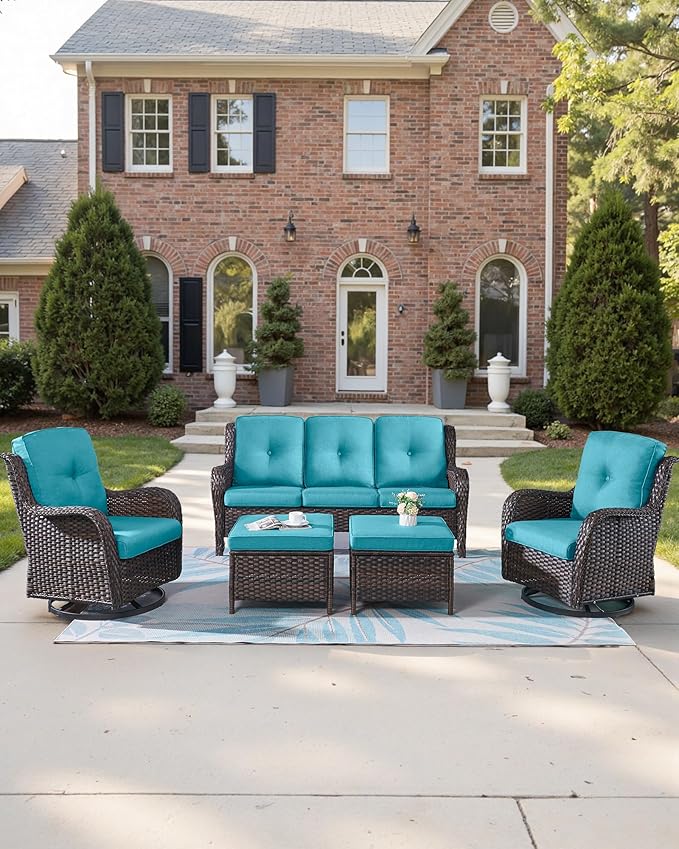 Pop 22x25/22x24 Outdoor Replacement Cushions - 1 Set High Back Deep Seat Patio Furniture Cushion for Wicker Dining Swivel Rocking Chairs Loveseat Couch Sectional Sofa - Turquoise/Button