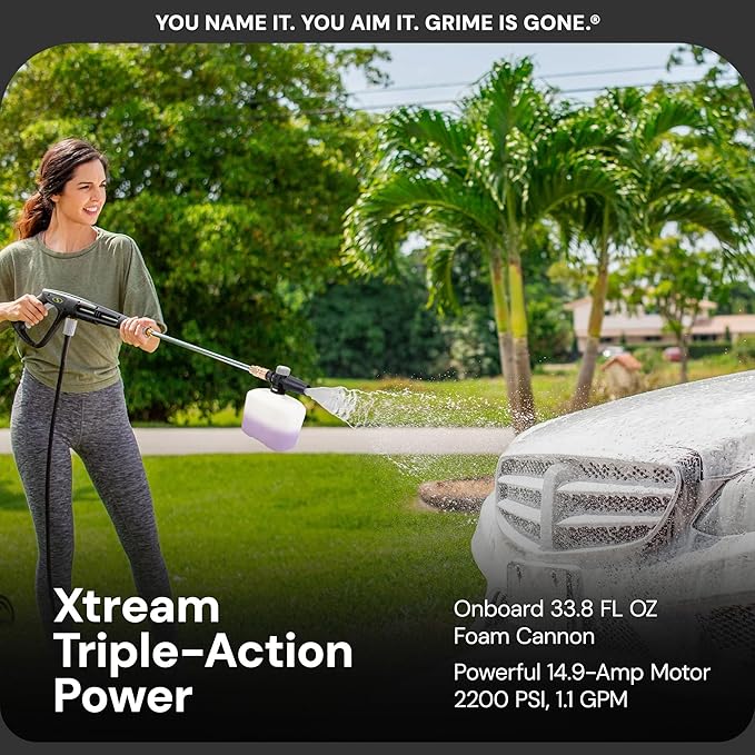 Sun Joe Electric Pressure Power Washer w/ 4 Nozzles & Foam Cannon, 2200 PSI (PWMA Certified), 1.1 GPM, 14.9-Amp Motor - Heavy-Duty Cleaning Machine for Patios, Decks, & Sidewalks, SPX3000-XT1 XTREAM
