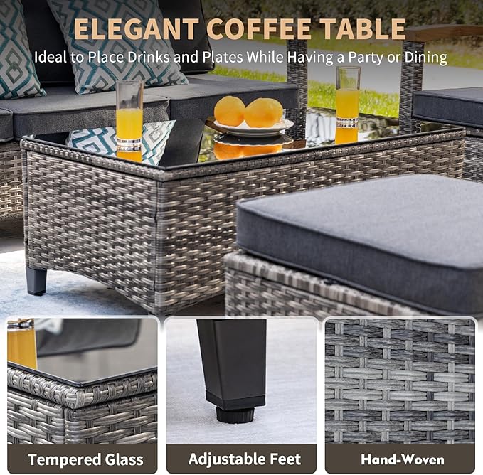 MEISSALIVVE 9 Pieces Outdoor Patio Furniture Sets,PE Wicker Patio Conversation Sets with 2 Wood Armrests Swivel Rocker Chairs,2 Single Chairs, 2-seat Sofa and Coffee Table(Grey)
