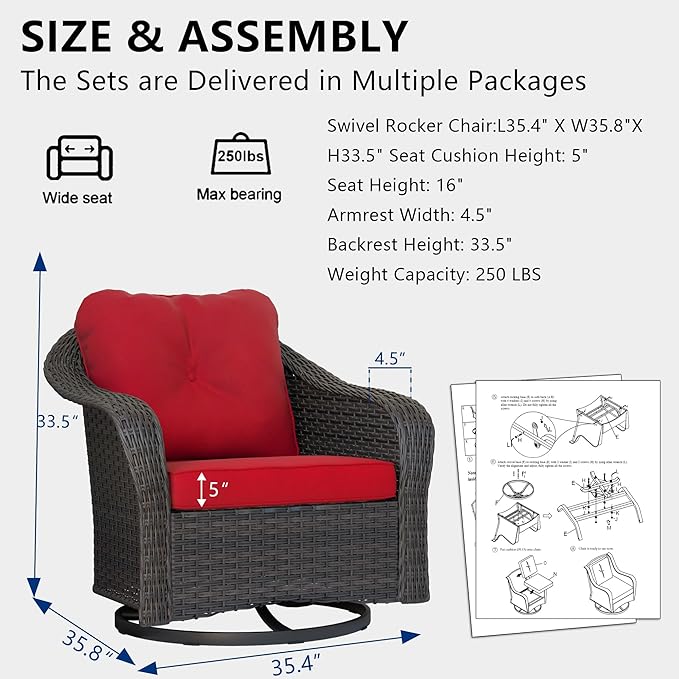 Wicker Swivel Rocking Chairs Set 2, Outdoor Brown Wicker Swivel Glider Chair Outdoor Rocking Chair with Water-Resistant Cushions, Red