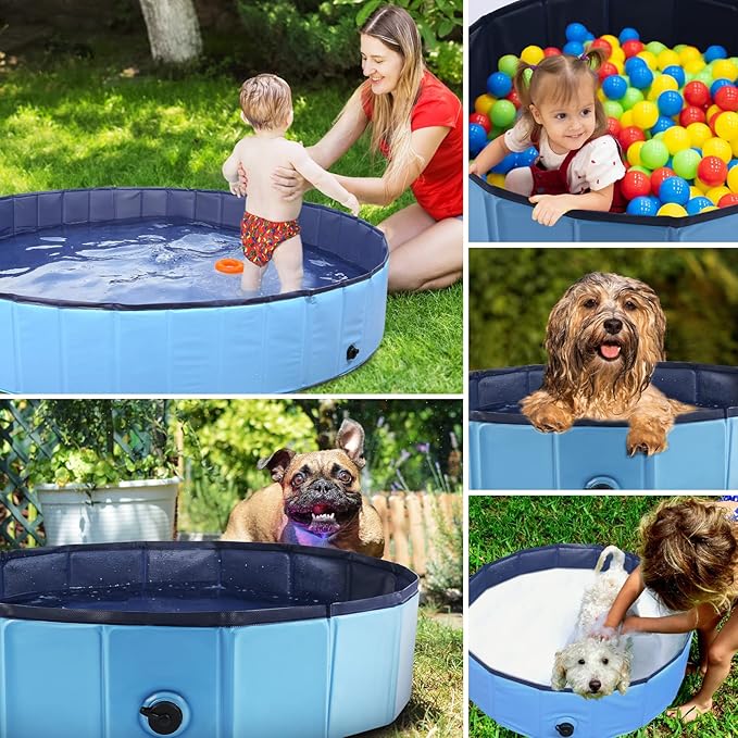 Foldable Dog Pool, Portable Pet Bath Tub and Kiddie Swimming Pool, Collapsible Bathtub for Puppies, Small, Medium and Large Dogs, Cats and Kids, 39.5 x 12 in, Blue