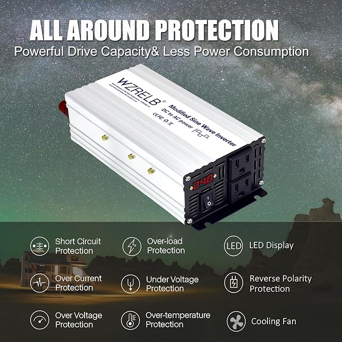 WZRELB 1000W Power Inverter 24V DC to 110V 120V AC,2000W Peak Modified Sine Wave Car Inverter with LED Display,Dual AC Outlets,Soft Starter,Off-Grid Power Converter with High Efficiency up to 90%