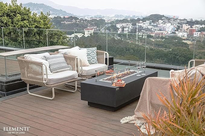 Elementi Granville Gas Fire Pit Bundle Concrete Fire Table, Outdoor Fire Pit Electronic Ignition | Canvas Cover, Lava Rock Included | Free AMS Wind Guard | Dark Gray (Natural Gas)