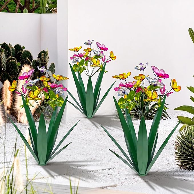 TOMBABY Garden Outdoor Butterfly Enlarge Thickened Wind Resistant Metal Agave Garden Art Metal Plant Country Sculpture Statue Decorations Ornaments Artificial Waterproof Butterflies(Green 3pcs)