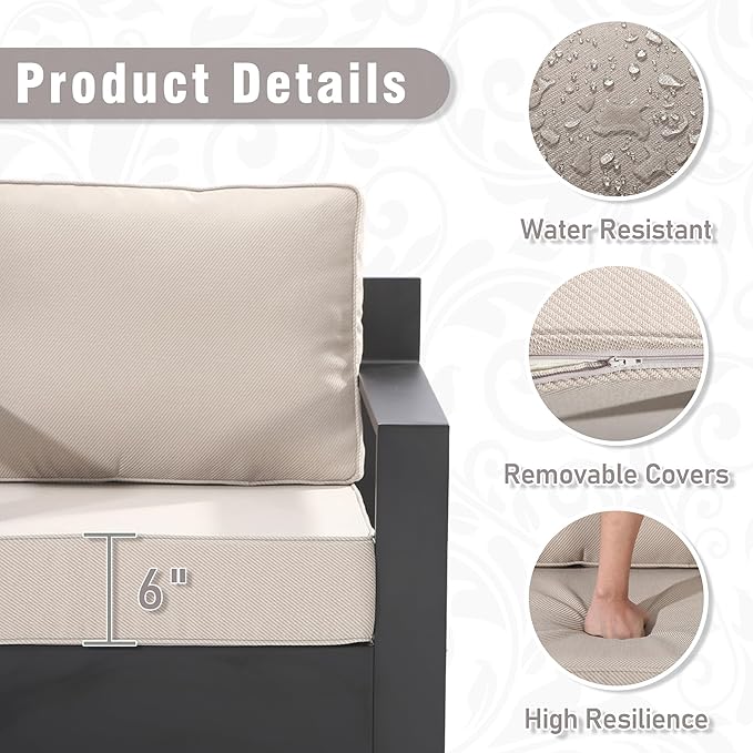 Aluminum Patio Chair - Outdoor Chair with 6" Thick Water-insistant Cushions, All-Weather Use Frame, Removable Cover, Ideal for Garden, Poolside (Beige)