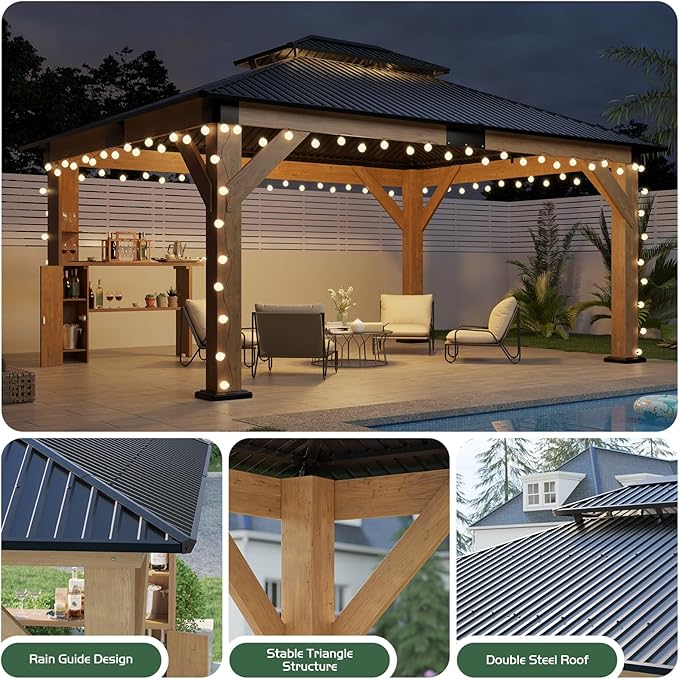 AMERLIFE 13x15 Hardtop Gazebo, Spruce Wood Gazebo with Storage Bar Counter, Outdoor Pavilion with Double Iron Roof, for Patio, Lawns, Garage, Black + Natural Wood