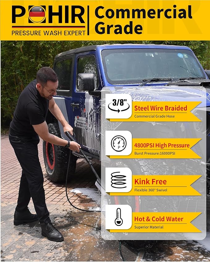 3/8" Pressure Washer Hose 25ft 4800PSI, Power Washer Hose Steel Wire Braided with Swivel Quick Connect, Commercial Grade Industrial High Pressure Water Washing Hose (4800PSI, 25FT)