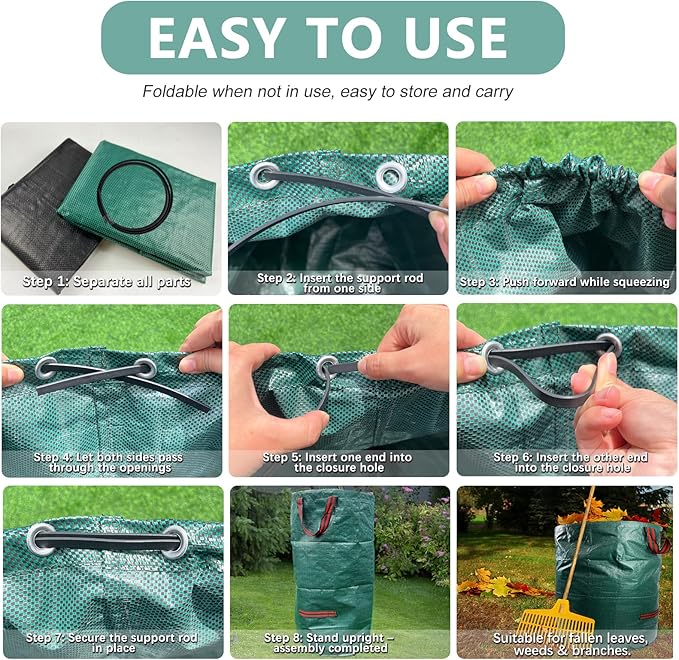 2 Pack 72 Gallon Lawn and Leaf Bags (Green + Black), Heavy Duty Reusable Yard Waste Bags with Reinforced Handles, Collapsible Garden Bags for Leaves, Branches, Grass Waste