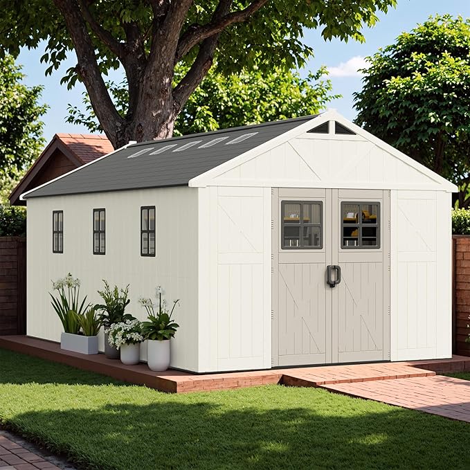 Greesum 10×16 FT Plastic Outdoor Storage Shed with Floor and Lockable Door, Resin Sheds with Windows and Skylights, Weather Resistant Organization for Garden, Lawn, Pool Supplies, Beige