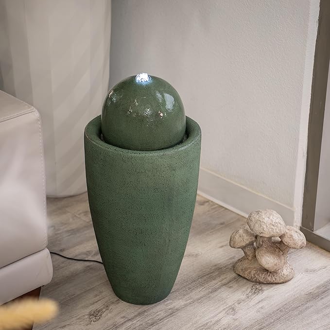 XBrand 25.98" H Round Stone Indoor/Outdoor Modern Stone Textured Sphere Water Fountain w/LED Lights, Ball Fountain Decor, Green