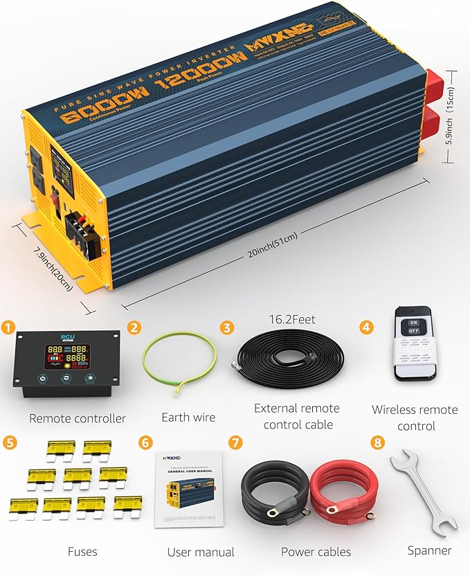 6000 Watt Power Inverter Pure Sine Wave 48V DC to 110V 120V Heavy Duty Inverter with Remote Control and LED Display, 4 USB/Type-C Ports & 2 AC Outlets Car Charger for Vehicles RV
