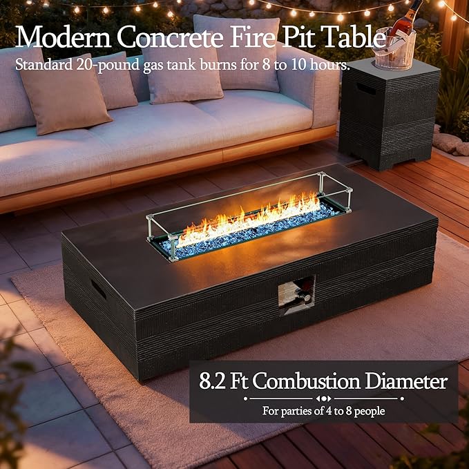 UPHA 56-inch Outdoor Propane Gas Fire Pit Table 50000 BTU Concrete Rectangle FirePit for Outside Patio with Propane Tank Cover, Wind Guad, Navyblue Fire Glass, Rain Cover, Grey Texture