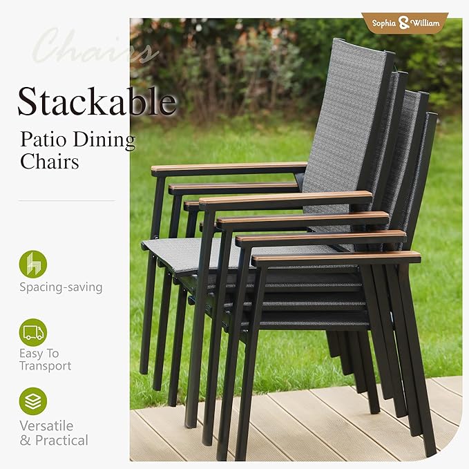 Sophia & William Patio Sets 5 Pieces, Lightweight Aluminum Dining Chairs with 42" Round Metal Dining Table, Stackable and Easy to Move for Lawn Garden Yard Porch (Grey)