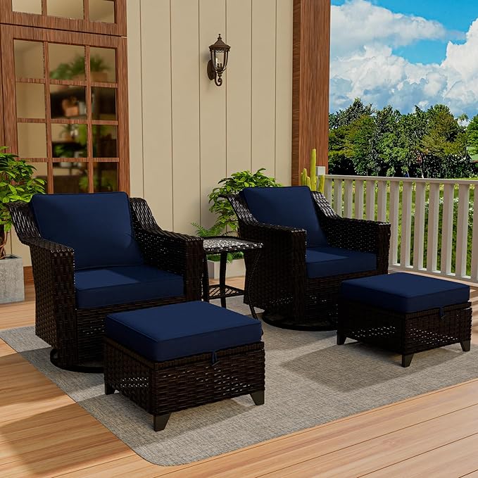 Vista Vibe 5 Pieces Outdoor Rattan Patio Conversation Furniture Set - 360 Degree Swivel Glider Rocker Chairs | Coffee Table | 2 Wicker Ottomans, Premium & Washable Cushions, Terrace (Brown/Navy)