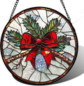 Stained Glass Window Hanging - Pine Branches Red Bow Suncatcher for Doors Home Christmas Decoration Silver Sun Catcher Thanksgiving New Year Birthday Gifts for Women Men Mom Nana 11.8 in