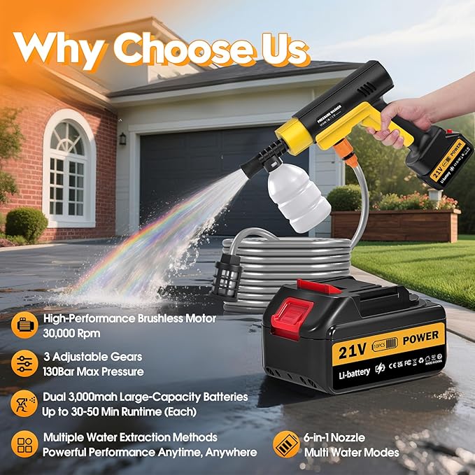 Cordless Pressure Washer Gun, 1885PSI Portable Battery Power Washer, Electric Pressure Washer Handheld Brushless High Pressure washers with 6-in-1 Nozzle&2 Battery&5m Hose Cordless Jet Washers