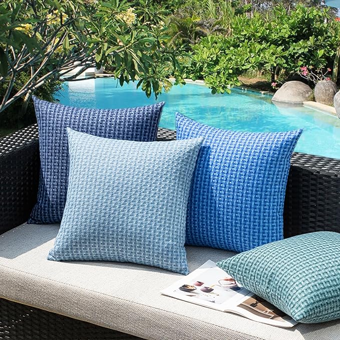Kevin Textile Outdoor Waterproof Throw Pillow Covers Pack of 2 Weaving Texture Water Resistant Outside Decorative Cushion Covers for Garden Patio Tent Balcony Bench Couch Sofa 18x18 Inch, Light Blue