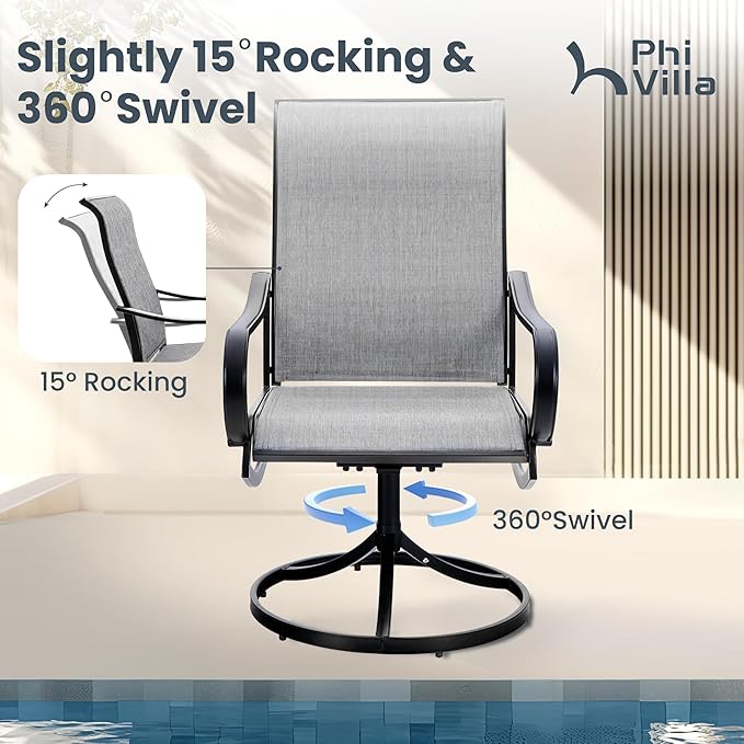 PHI VILLA Patio Swivel Dining Chairs Set of 4, Outdoor Chair with Textilene Mesh Fabric & Black Metal Frame for All Weather Outdoor Lawn Garden Poolside (Gray)