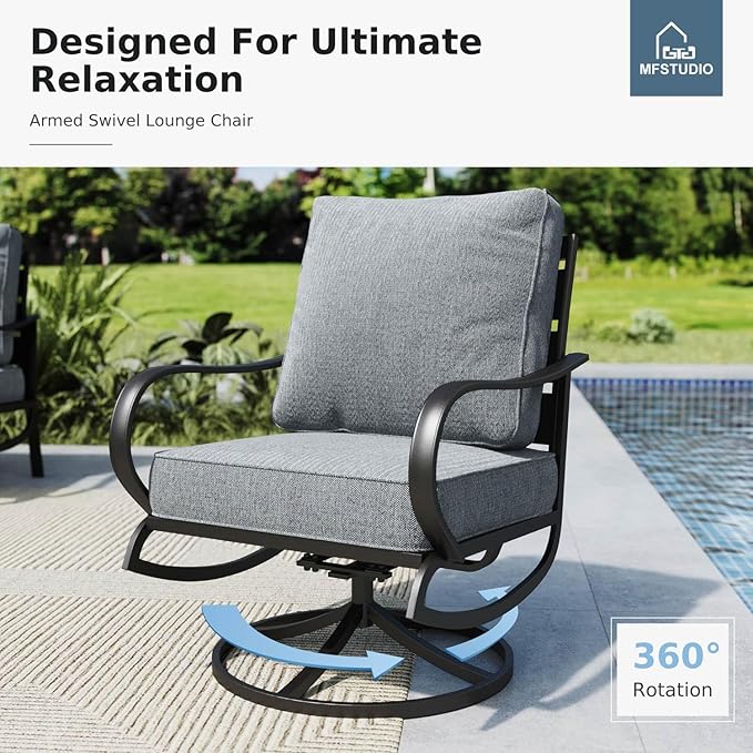 MFSTUDIO 8 Pieces Patio Furniture Sets with 45" Gas Fire Pit Table(Up to 9 Seat),Outdoor Metal Conversation Sofas with 1 x 3-Seat Sofa, 2 Single Chairs,2 Swivel Chairs and 2 Ottoman,Grey Cushion
