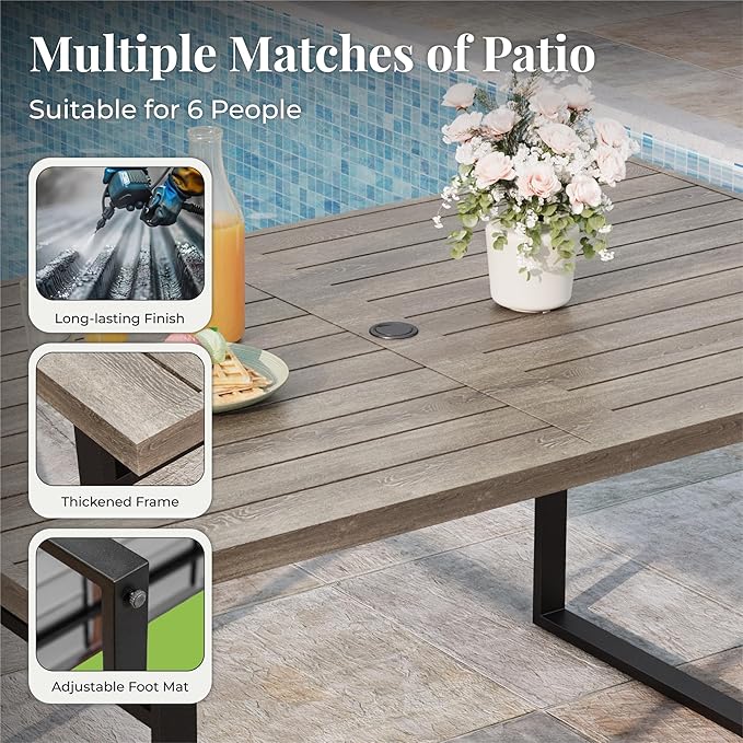 7-Piece Outdoor Dining Set 6 Blue Textilene Chairs and Steel Tabletop with Wood Grain Rectangle Table for Deck Garden Backyard Lawn Poolside