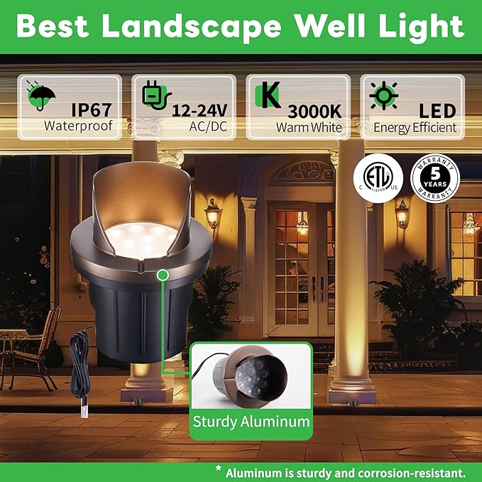 LED In-Ground Well Lights, Low Voltage Landscape Lights Outdoor Uplighting, 12V Anti-Glare IP67 Waterproof & Wired ORB Fixtures for Trees, Pathway, Walls, 3000K Warm White 4 Pack
