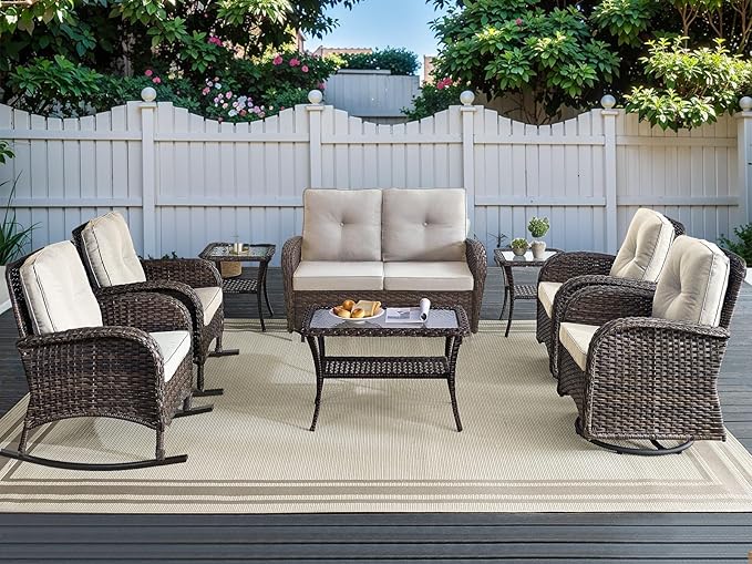 HUMMUH Patio Furniture 7-Piece PE Wicker Outdoor Conversation Set,All-Weather Swivel and Rocking Chairs,Glider Loveseat,Coffee Tables for Backyard,Poolside,Deck
