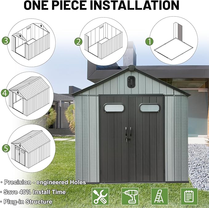 8X8FT Outdoor Resin Storage Shed, Waterproof Plastic Garden Shed with Lockable Door, Windows & Vents, Outside Storage Tool Shed for Patio Furniture, Lawn Mower, Bike