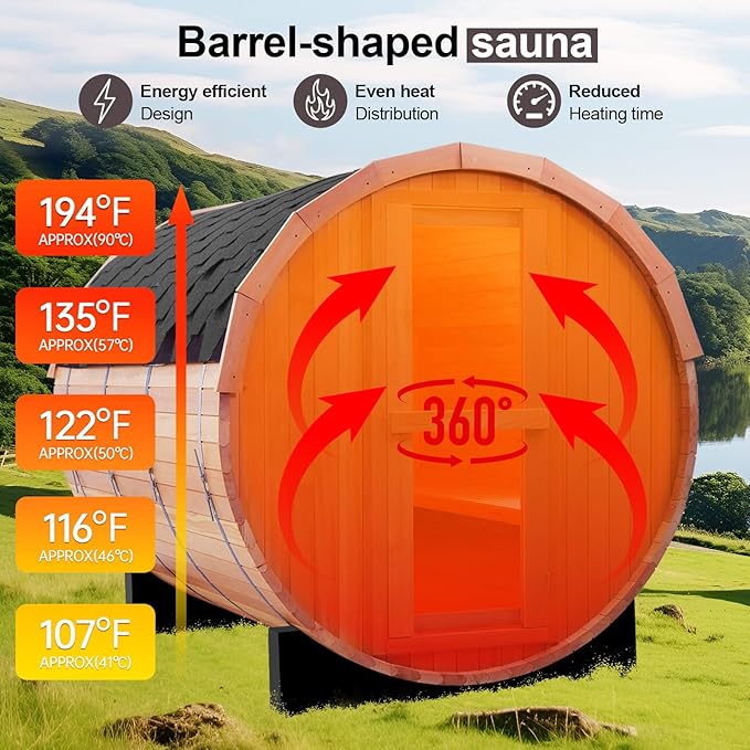 ZONEMEL Outdoor Barrel Sauna Room, Canadian Red Cedar Wood Steam Sauna with 4.5KW ETL TOULE Heater, Sauna Stove, Bitumen Roof, Water Bucket, Rocks,195℉, 220V, Light (Cedar, 3-4 Person)