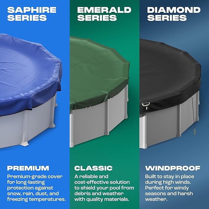 Yankee Diamond Series Pool Covers for Above Ground Pools | All-Weather, Windproof, Light 8ft Round Pool Cover w/ 4 Screw-in Pegs, 4 Ropes | 3 Mounting Methods, Strong Fastenings for Triple Protection