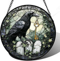 Stained Glass Window Hanging - Halloween Crow White Tombstone Suncatcher for Doors Garden Home Spooky Black Green Sun Catchers Gothic Decor Horror Gift for Women Men Friend Boy Girl 7.8 in