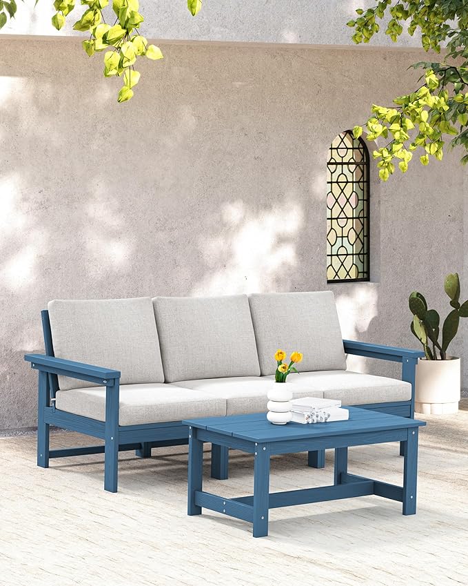 SERWALL HDPE Patio Sofa Set, 4-Piece Sectional Outdoor Furniture Set, All Weather Outdoor Couch Set Patio Furniture Set for Deck, Lawn, Blue Frame with Khaki Cushion
