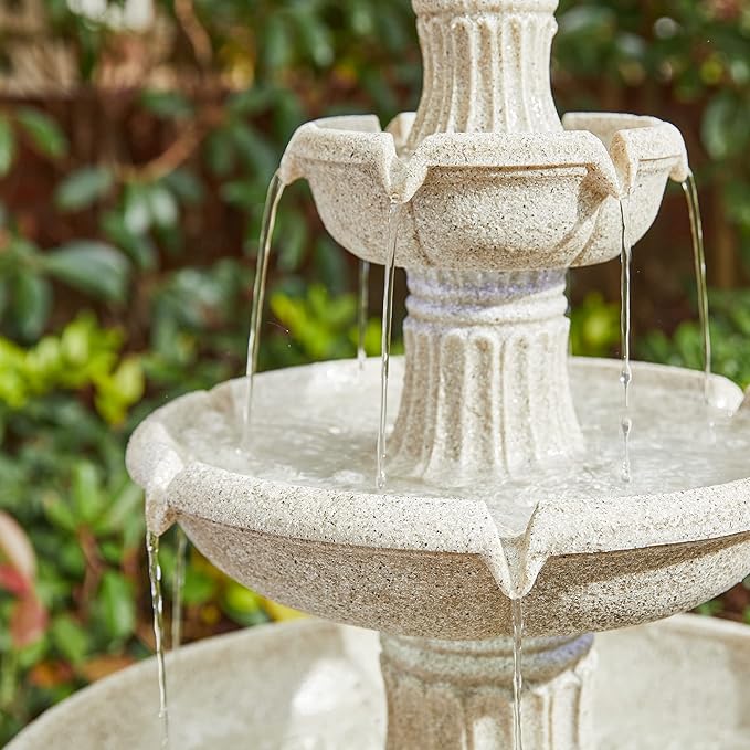 Glitzhome Outdoor Fountains and Waterfalls 3 Tier Patio Fountain with Pump & LED Light, Resin Terrazzo Water Fountains Oversized Outdoor Floor Stand Fountain for Garden Backyard Yard Lawn Sand Beige