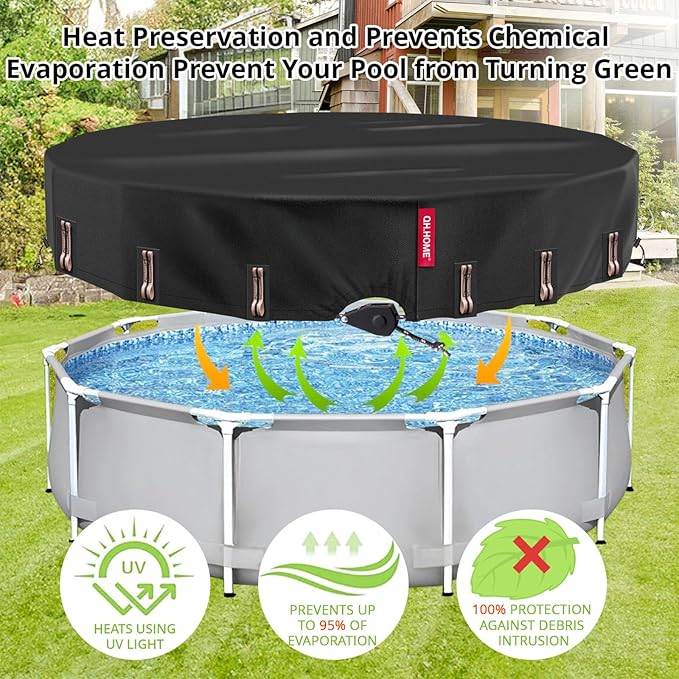 QH.HOME 24/26 Ft Round Pool Cover with Fast Tightening Patented Ratchet, Pool Covers for Above Ground Pools, One-Piece Tear Resistant Swimming Pool Cover Protector with Upgraded Ultimate Windproof