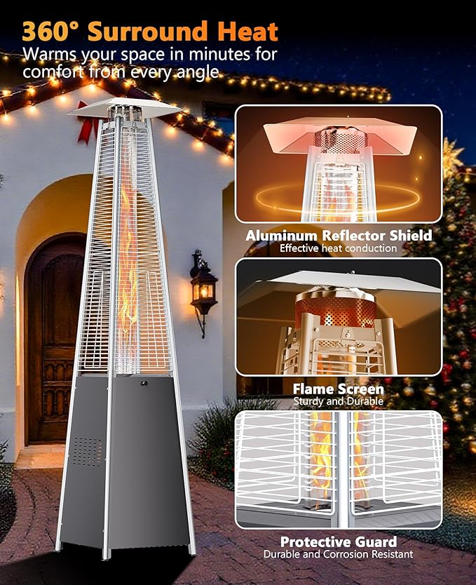 HUGROVE Pyramid Patio Heater for Large Area, 48,000 BTU Rapid Heating Outdoor Propane Heater With Wheels and Weatherproof Cover, Triple Protection System for Patio, Backyard, Garden, Pool (1 heater)