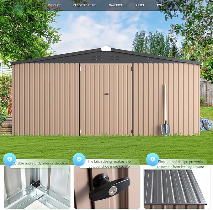 U-MAX 10' x 12' Shed Outdoor Storage Shed Clearance, Large Metal Garden Shed Yard Steel Shed with Design of Lockable Doors, Tool and Utility Storage for Backyard, Garden, Patio, Outside use Taupe