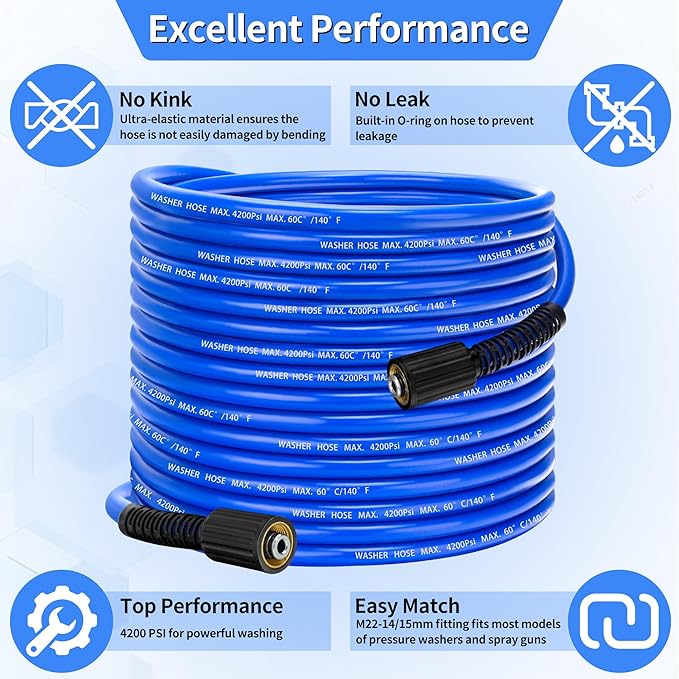 Pressure Power Washer Hose 100 FT x 1/4", Super Flexible Kink Resistant Car Washer Replacement with M22 Fittings & 3/8" Quick Connect Adapters for Ryobi Troy Bilt Flexzilla Greenworks & More, 4200PSI