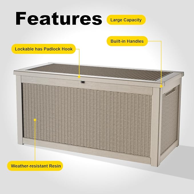 260 Gallon Outdoor Deck Box,Storage Lockable Waterproof Patio Furniture,Garden Tools,Cushions,Pool Accessories Outside Storage Resin Box(Grey)