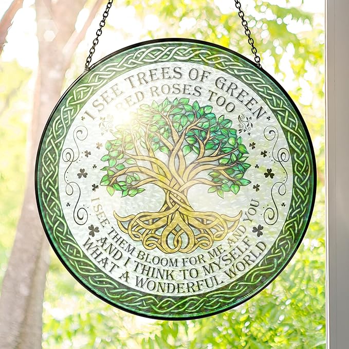 FLAGWIX Christmas Tree of Life Gifts for Women Men - Stained Glass Window Hanging 8 in - Birthday Gifts for Friend Family, Tree of Life Decor Suncatchers for Windows Hanging, Celtic Garden Decor