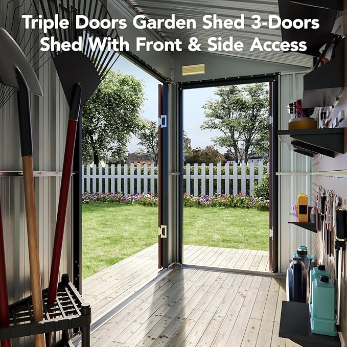 8x4 Ft Outdoor Metal Shed, Storage Shed with Floor, Updated Frame Structure & Triple Lockable Doors, Large Garden Tool Shed for Backyard, Patio, Lawn & Utility Storage