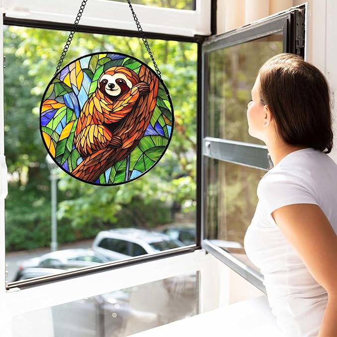 Stained Glass Window Hanging - Funny Sloth Suncatcher for Doors Garden Patio Cute Sun Catchers Decor Christmas Mother's Day Birthday Teenager Gifts for Women Men Mom Nana Friend 6.3 in
