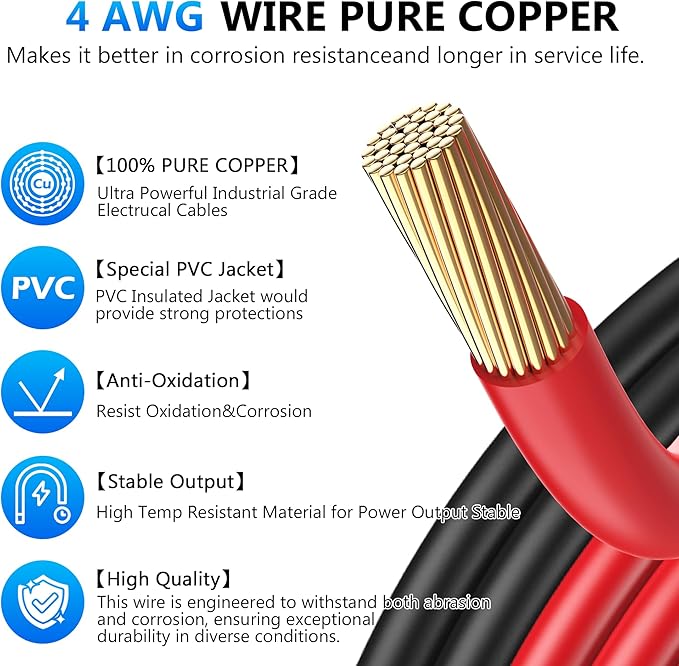 LEESKY 4 AWG Battery Cables 4 Gauge 1 Feet Pure Copper Battery Inverter Cables 3/8 Inch Terminals for Golf Cart, Power Inverter, Solar, RV, Marine