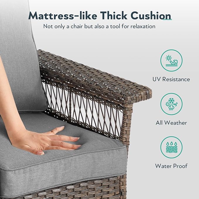Outdoor Swivel Glider Chairs - 4 Pieces Hollow Widen Armrests Wicker Patio Furniture Set with Ottomans, High Back Outside Swivel Rocker for Balcony Porch Deck and Yard - Brown/Gray